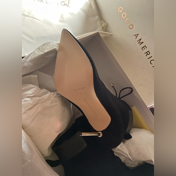 Good American Scandal Lace Up Stilleto Booties Stone BNWB Womens Size 9 Blk/Gold - Picture 13 of 16